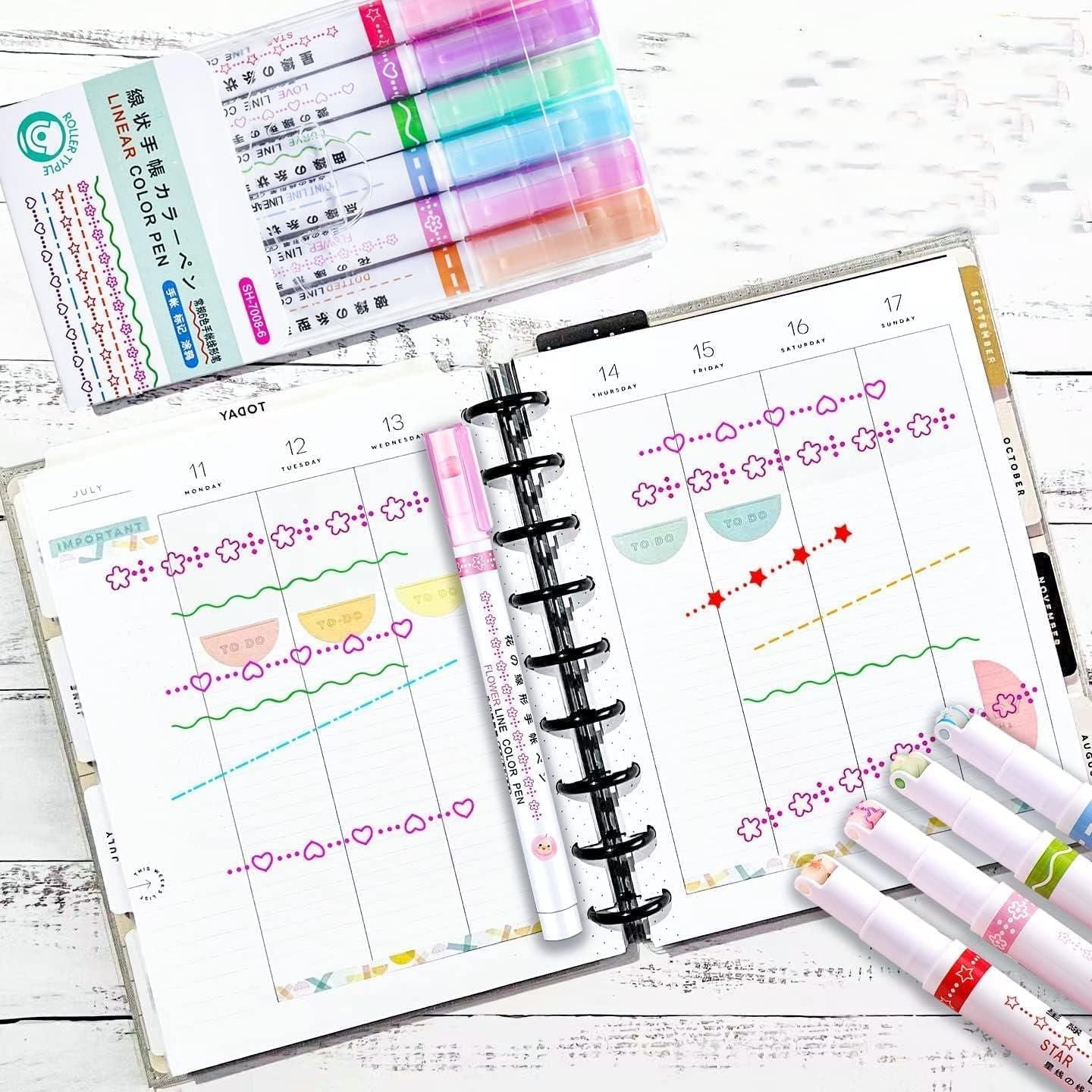 "Curve Line Highlighter Pens Set – 6 Colorful Roller Markers for Journaling & Art"