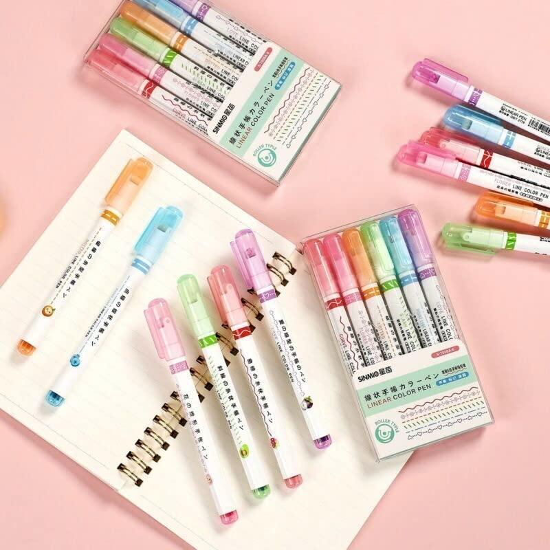 "Curve Line Highlighter Pens Set – 6 Colorful Roller Markers for Journaling & Art"