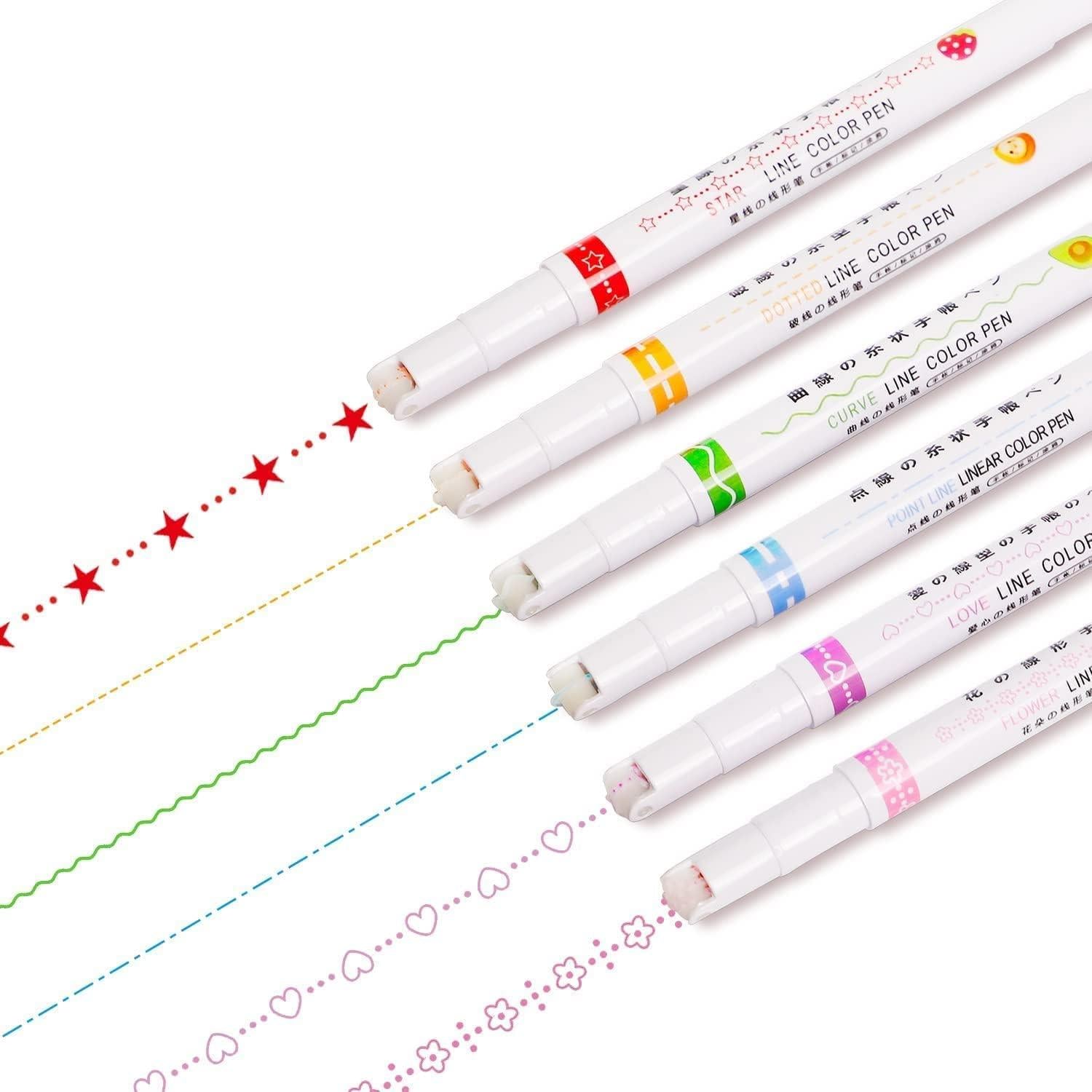 "Curve Line Highlighter Pens Set – 6 Colorful Roller Markers for Journaling & Art"
