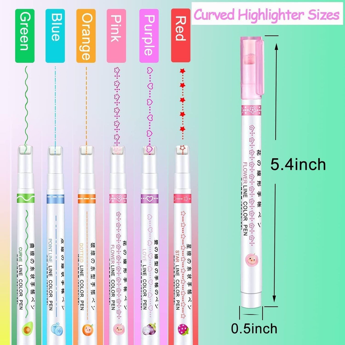 "Curve Line Highlighter Pens Set – 6 Colorful Roller Markers for Journaling & Art"